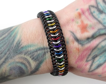 Stretchy gay pride bracelet, rainbow chainmail jewelry, Euro 6 in 1 weave