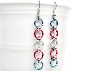Trans pride flag earrings, simple LGBTQ chainmail jewelry