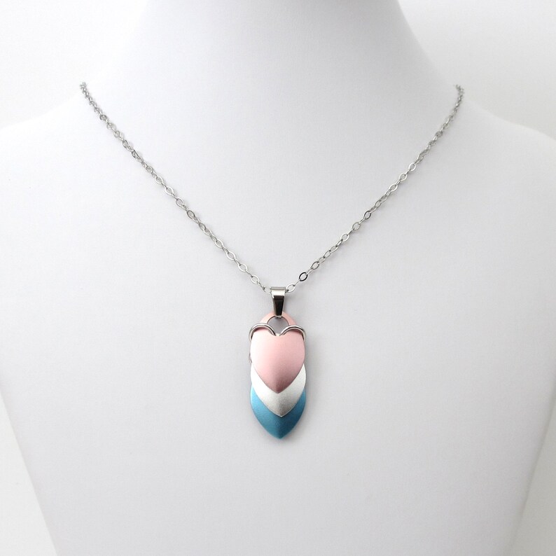 Transgender pride pendant necklace, chainmail scale pendant, trans pride jewelry, pink, white, light blue image 7