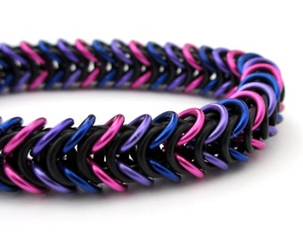 Bi pride bracelet, stretchy chainmaille box chain, bisexual jewelry, pink purple blue