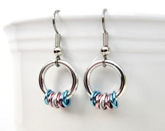 Transgender pride chainmail earrings, subtle LGBTQ pride jewelry; blue, pink, white