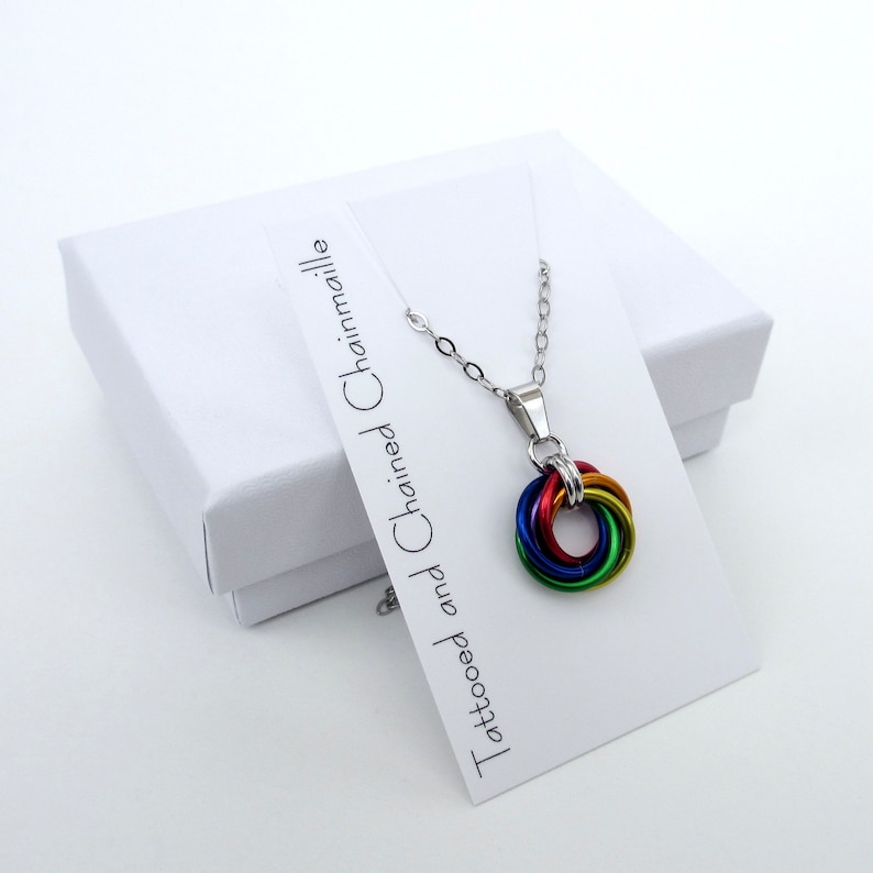 Gay pride pendant necklace, chainmail love knot, rainbow LGBT jewelry image 10