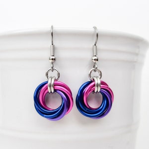 Bisexual pride earrings, love knot chainmail earrings, bi pride jewelry; pink, purple, blue