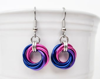 Bisexual pride earrings, love knot chainmail earrings, bi pride jewelry; pink, purple, blue