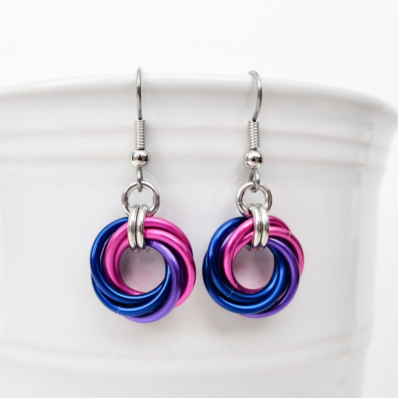 Bisexual pride earrings, love knot chainmail earrings, bi pride jewelry pink, purple, blue image 1