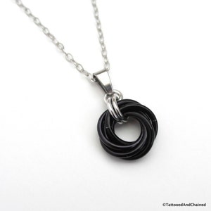 Black love knot pendant, small circle necklace, black chainmail jewelry image 1