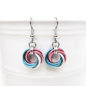 Transgender pride earrings, love knot chainmail trans pride jewelry; pink, white, blue