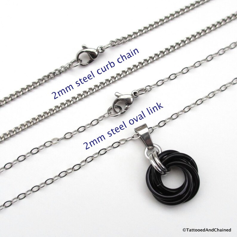 Black love knot pendant, small circle necklace, black chainmail jewelry image 3