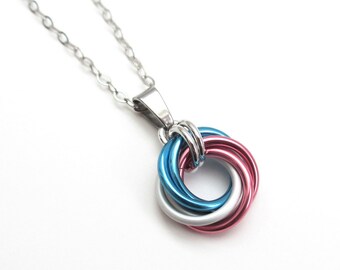 Transgender pride pendant necklace, chainmail love knot, trans pride jewelry, pink white blue