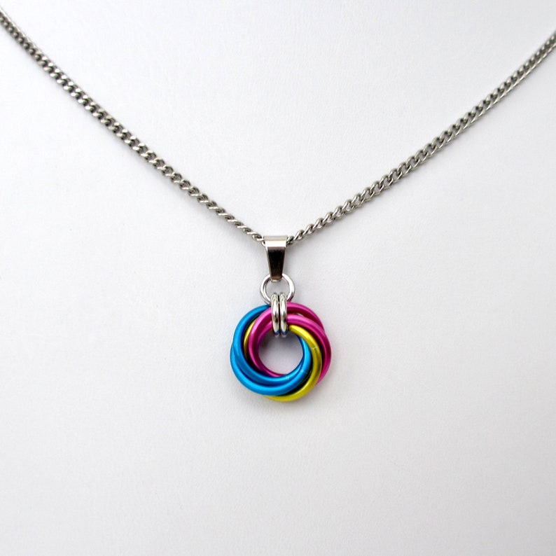 Pansexual pride pendant necklace, chainmail love knot, pan pride jewelry, pink yellow blue image 9