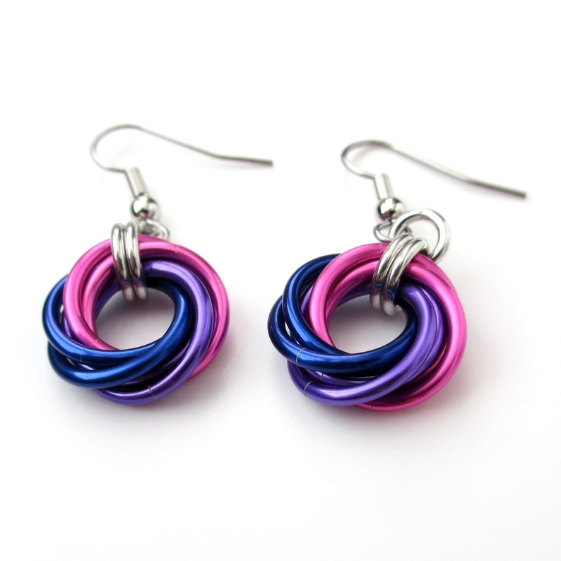 Bisexual pride earrings, love knot chainmail earrings, bi pride jewelry pink, purple, blue image 8