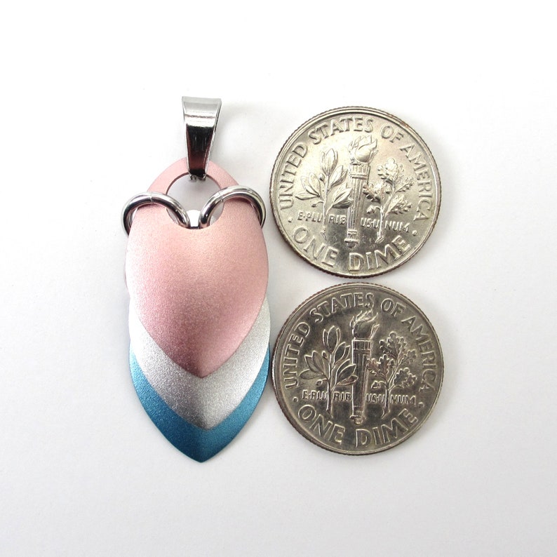 Transgender pride pendant necklace, chainmail scale pendant, trans pride jewelry, pink, white, light blue image 10