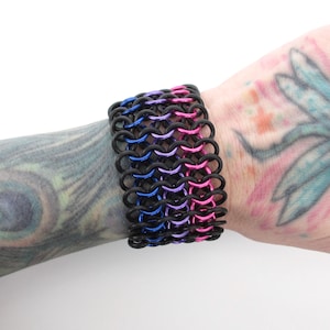 Bisexual pride bracelet, stretchy chainmail cuff, European 4 in 1 weave LGBTQ jewelry