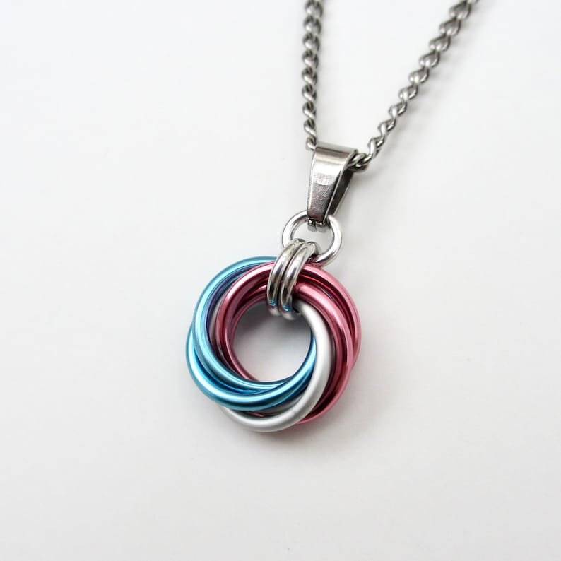 Transgender pride pendant necklace, chainmail love knot, trans pride jewelry, pink white blue image 8