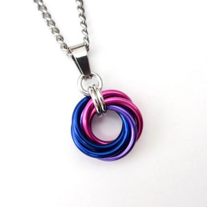 Bi pride pendant necklace, chainmail love knot, bisexual pride jewelry image 1