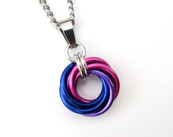 Bi pride pendant necklace, chainmail love knot, bisexual pride jewelry