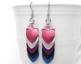 Genderfluid pride flag earrings, chainmail dragon scale jewelry