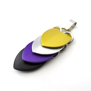 Nonbinary pendant necklace, chainmail scale pendant, pride jewelry yellow, white, purple, black image 9