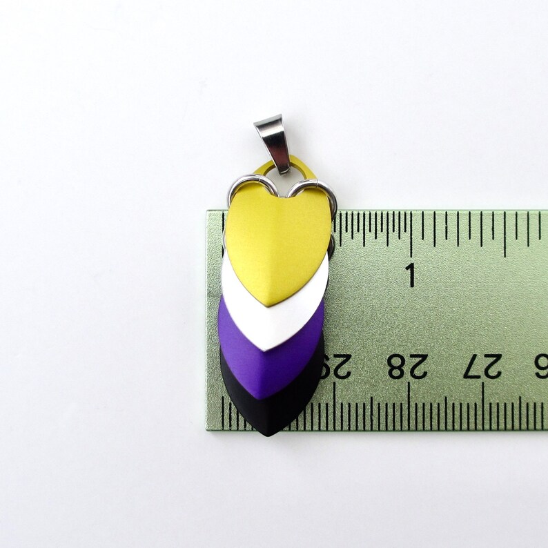 Nonbinary pendant necklace, chainmail scale pendant, pride jewelry yellow, white, purple, black image 3
