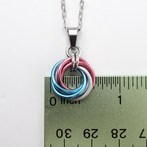 Transgender pride pendant necklace, chainmail love knot, trans pride jewelry, pink white blue image 6