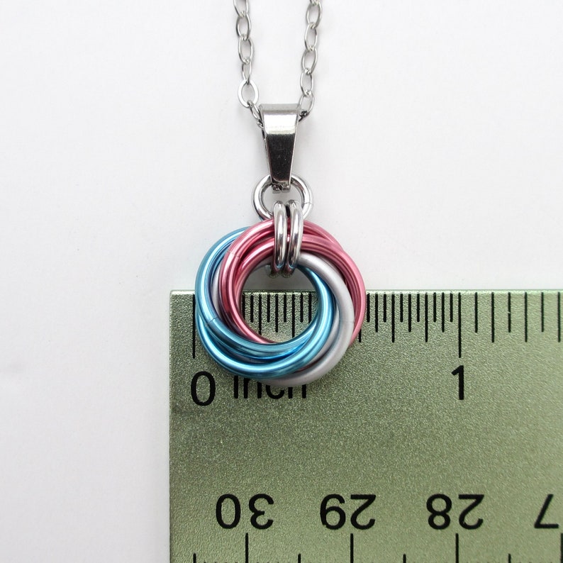 Transgender pride pendant necklace, chainmail love knot, trans pride jewelry, pink white blue image 6