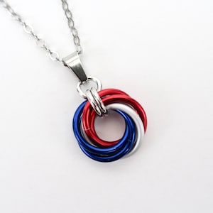 Red, white and blue love knot chainmail pendant, USA patriotic jewelry image 1