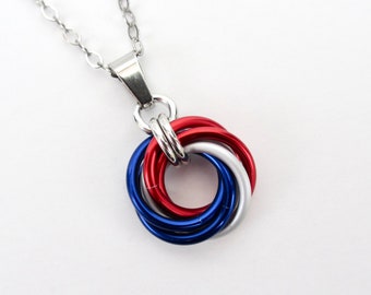 Red, white and blue love knot chainmail pendant, USA patriotic jewelry