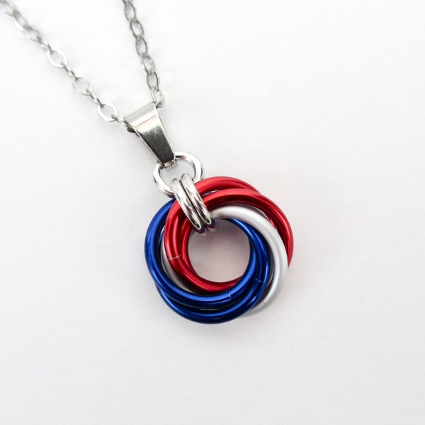 Red, white and blue love knot chainmail pendant, USA patriotic jewelry