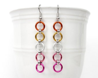 Lesbian flag earrings, simple LGBTQ chainmail jewelry, gifts for Pride Month