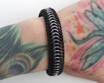 Gray and black stretchy chainmail bracelet, Euro 6 in 1 weave, rubber bracelet