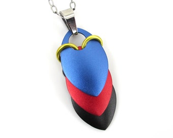 Polyamory pride pendant necklace, chainmail scale jewelry - poly pi flag - blue, red, and black with yellow accents