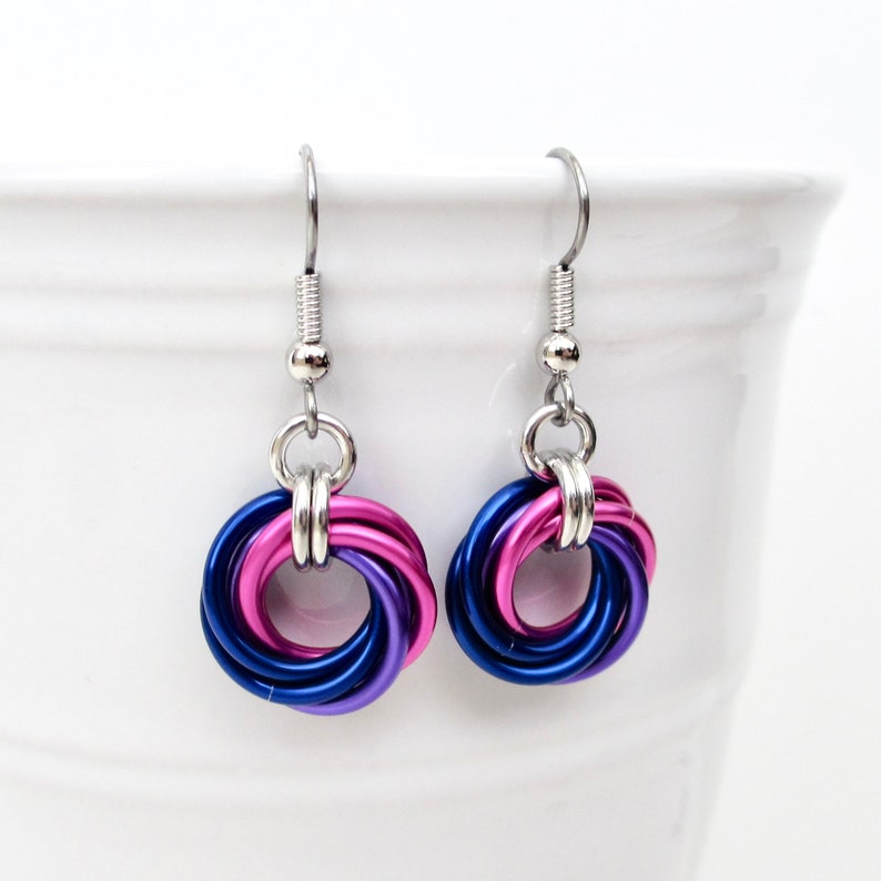 Bisexual pride earrings, love knot chainmail earrings, bi pride jewelry pink, purple, blue image 9