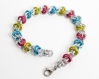 Pansexual pride bracelet, chainmaille bracelet, pan pride jewelry, barrel weave chainmaille