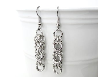 Silver aluminum chainmail earrings, shaggy loops weave, lightweight, non-tarnish jewelry