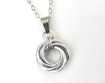 Silver love knot chainmail pendant necklace, small circle pendant, minimalist jewelry