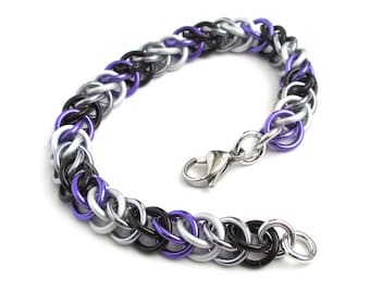 Ace pride bracelet, chainmail half Persian 3 in 1 bracelet for women or men, asexual pride jewelry, black gray white purple