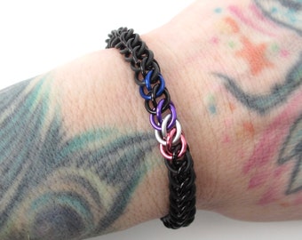 Genderfluid pride stretchy bracelet, chainmail half Persian 3 in 1 weave, discreet LGBTQIA gifts