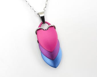 Bi pride pendant, chainmail scale necklace, bisexual flag jewelry gift for everyday wear