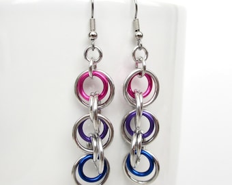 Bi pride dangle earrings, aluminum chainmail jewelry in pink, purple & blue