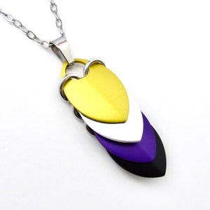 May include: A silver chain necklace with a pendant made of three overlapping teardrop-shaped pieces. The top piece is yellow, the middle piece is white, and the bottom piece is purple.