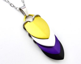 Nonbinary pride pendant necklace, chainmail scale jewelry; yellow, white, purple, black
