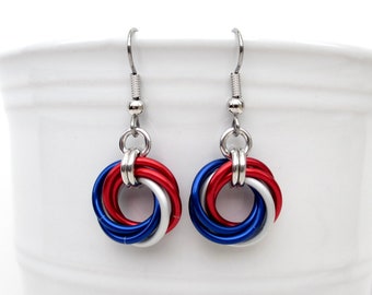Red, white and blue chainmail Love Knot earrings, American patriotic jewelry