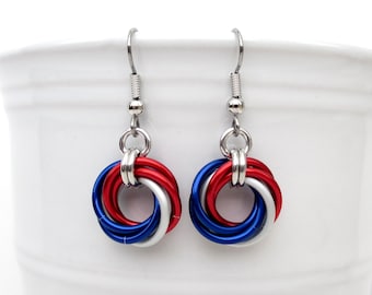 Red, white and blue chainmail Love Knot earrings, American patriotic jewelry