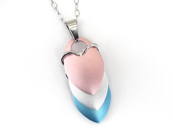 Transgender pride pendant necklace, chainmail scale pendant, trans pride jewelry, pink, white, light blue