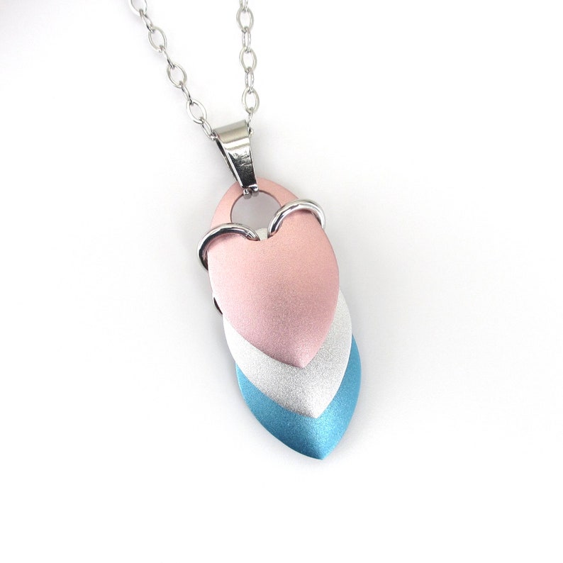Transgender pride pendant necklace, chainmail scale pendant, trans pride jewelry, pink, white, light blue image 1
