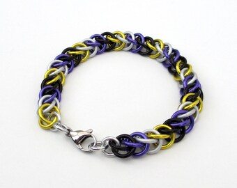 Nonbinary pride chainmail bracelet, half Persian 3 in 1, yellow white purple black