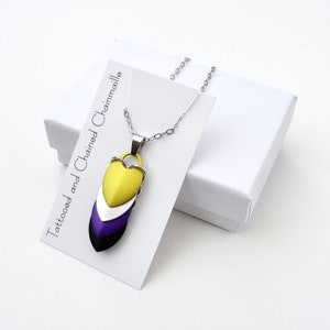 Nonbinary pendant necklace, chainmail scale pendant, pride jewelry yellow, white, purple, black image 6