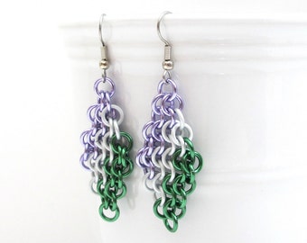 Genderqueer pride earrings, Euro 4 in 1 chainmail earrings; lavender, white, green