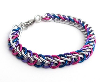 Bisexual pride bracelet, chainmail half Persian 3 in 1 bracelet for men or women, bi pride jewelry, pink purple blue