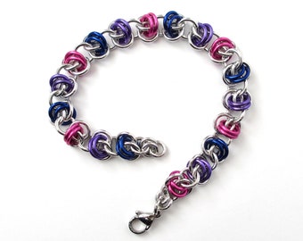 Bi pride bracelet, chainmaille barrel weave bracelet, bisexual jewelry